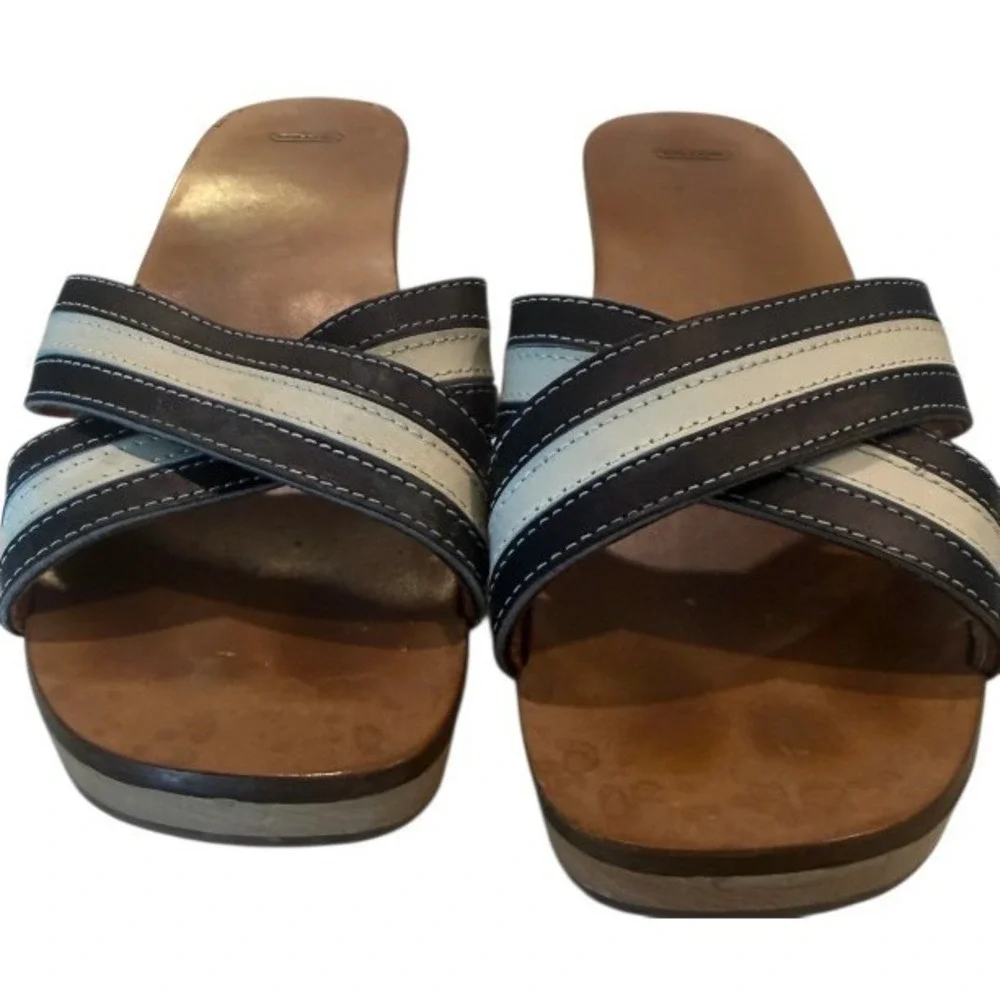Coach Eliana Calf Womens Wedge Sandals Navy Parchment Strappy US 8